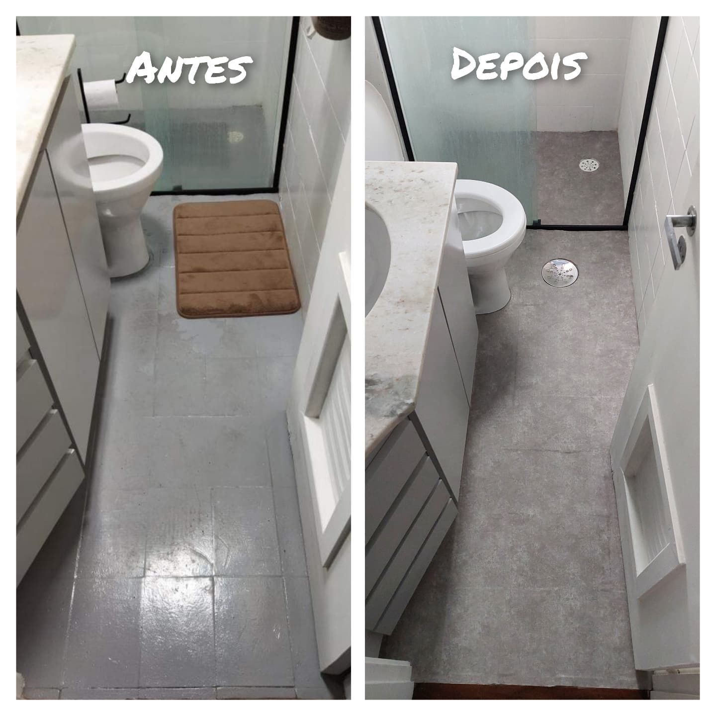 Vinil Adesivo Cimento Queimado instalado no piso.
Rápido e prático, sem sujeira.
#olhomagicoadesivos #adesivodeparede #banheiro #rapidoesemsujeira